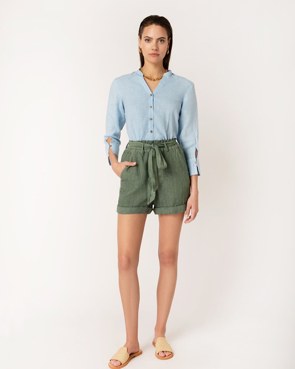 Linen Shirt Mao Collar